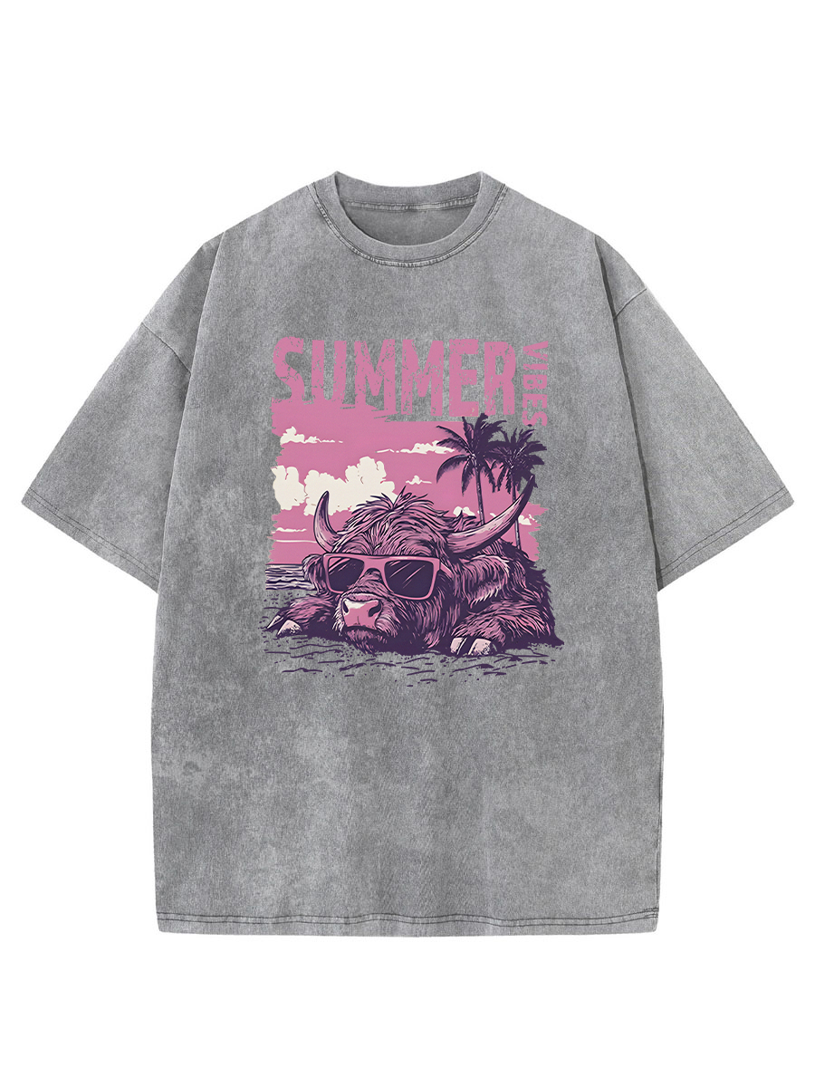 Vintage Summer Vibes Highland Cow Oversize Washed T-Shirt