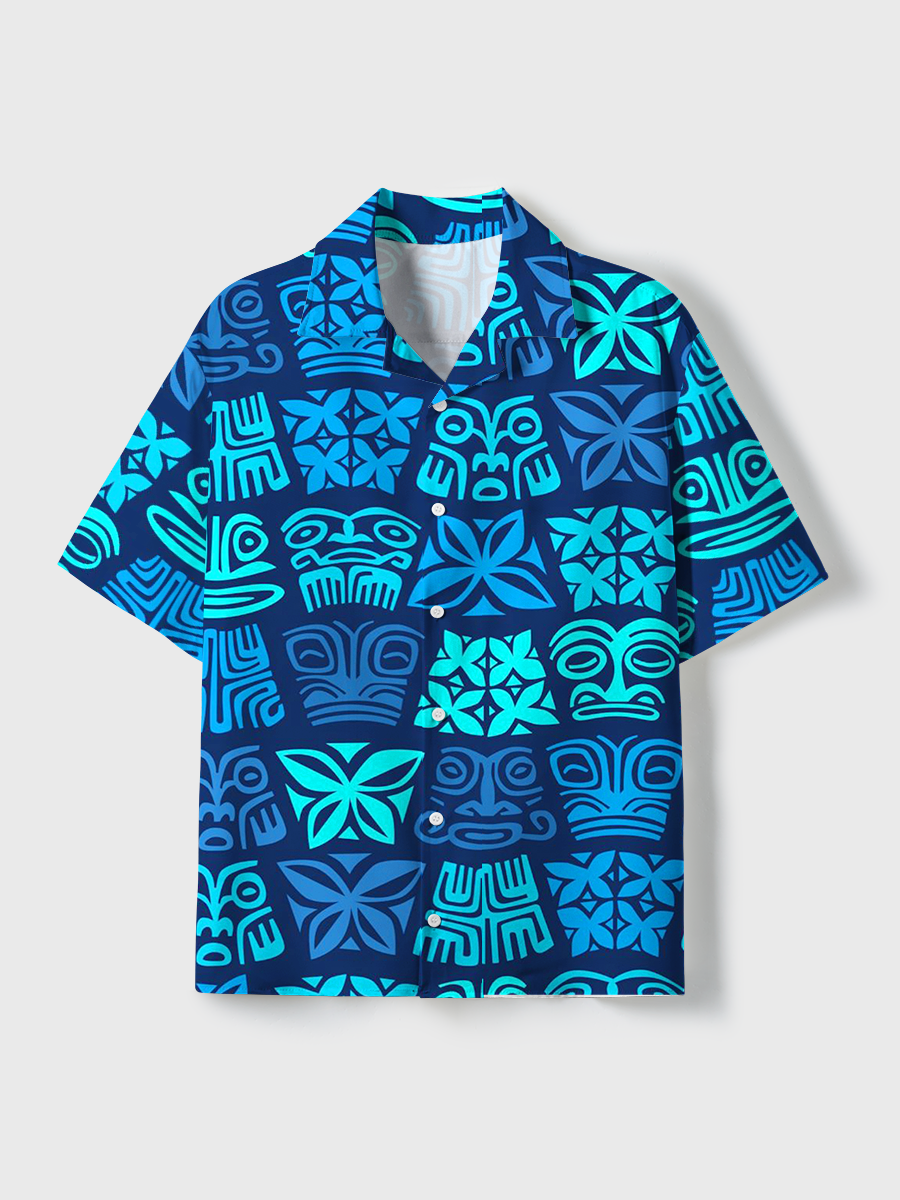 Tiki Totem Unisex Hawaiian Beach Set Camp Collar Shirt And Shorts For Casual Summer Vacation