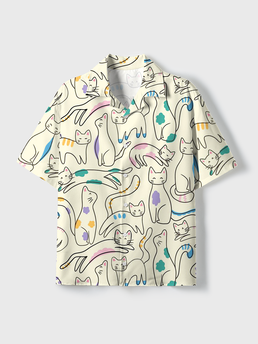 Cats Line Art Unisex Hawaiian Beach Set Camp Collar Shirt And Shorts For Casual Summer Vacation