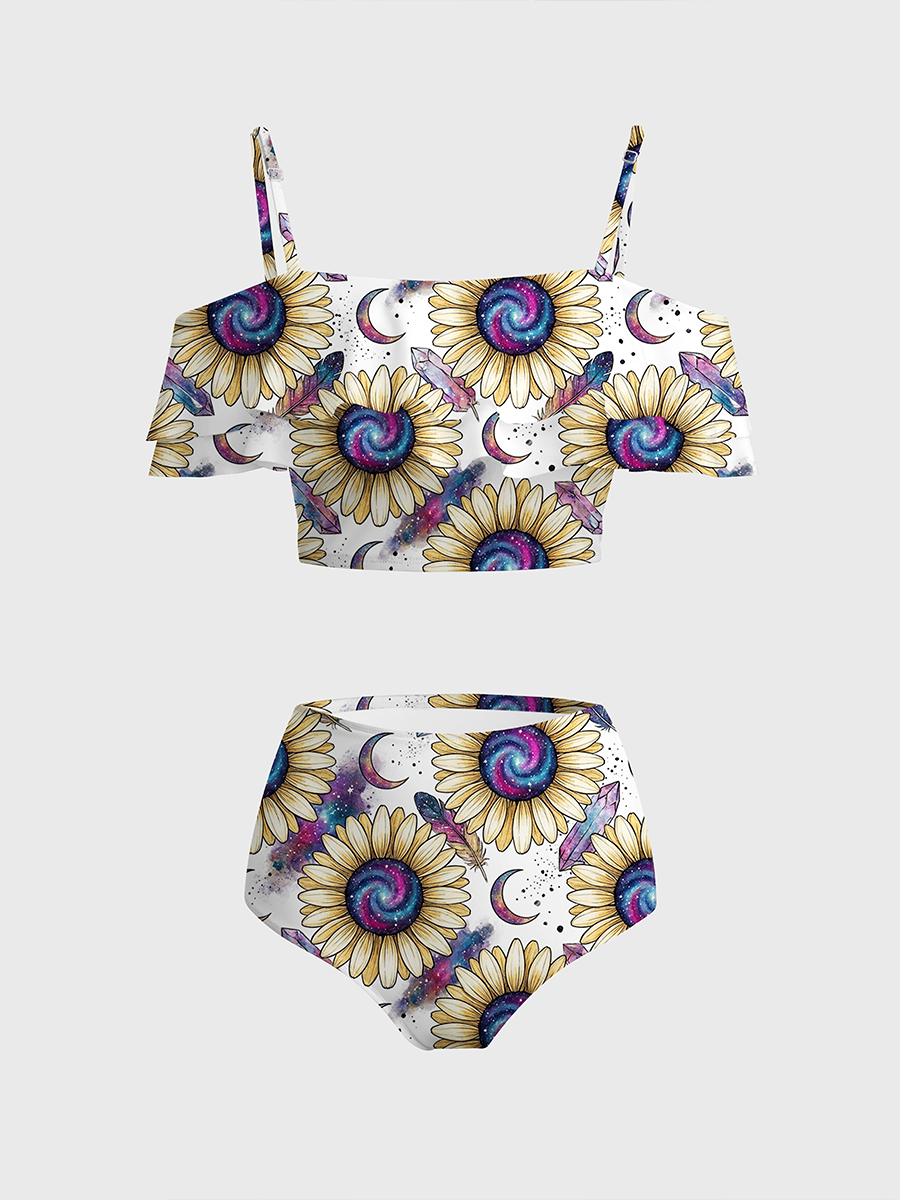 Vintage Melting Daisies With Galaxy Centers Two Piece Ruffled Tankini Swimsuit