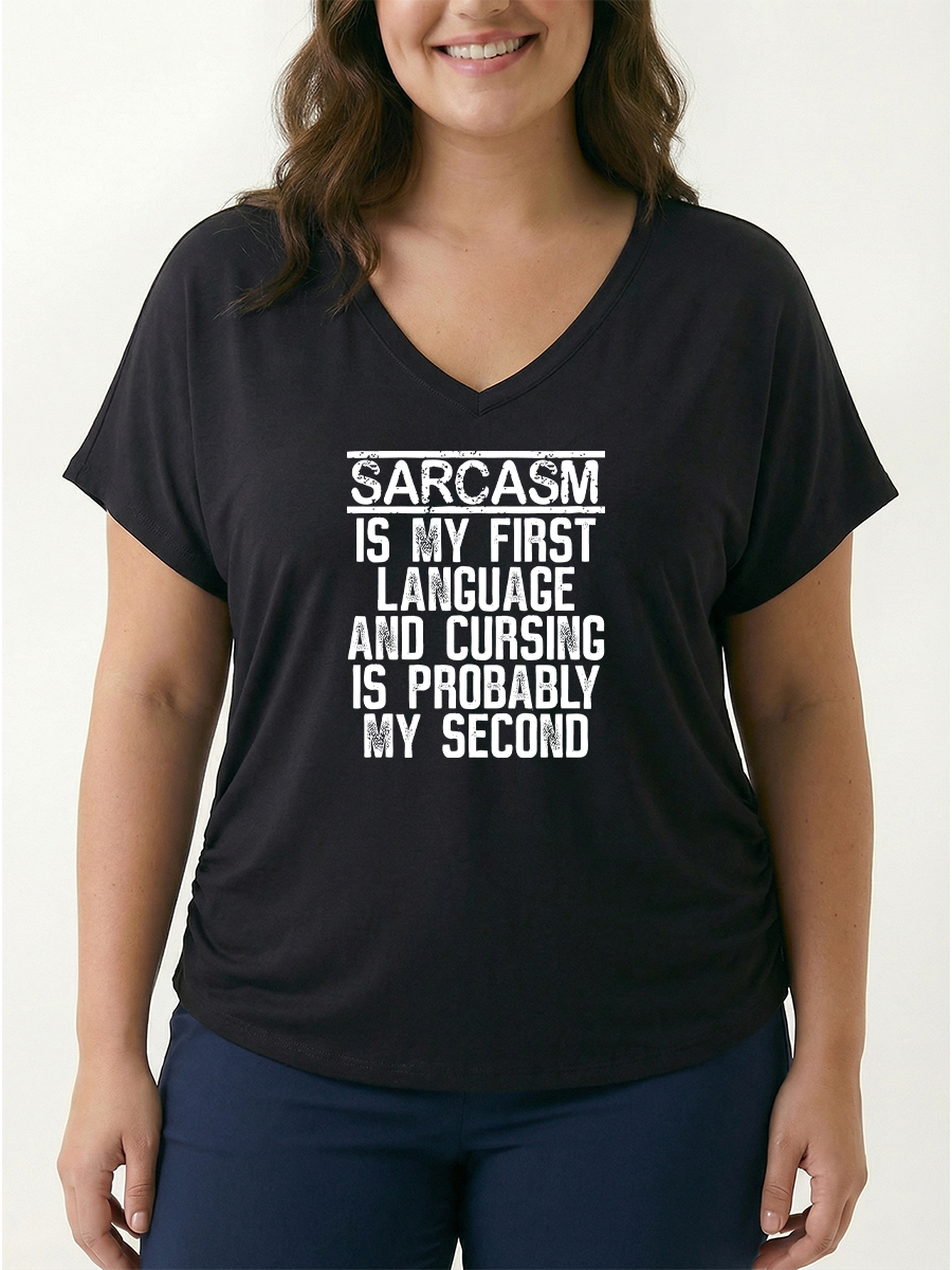 Vintage Sarcasm Is My First Language And Cursing Is Probably My Second Women's Modal V-Neck Slim Fit Sleeve Soft Graphic T-Shirt