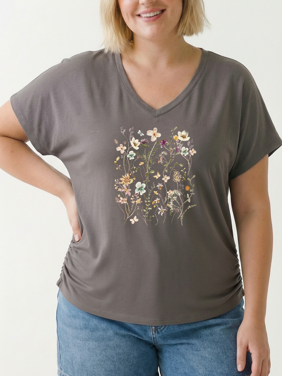 Vintage Pressed Flowers Women's Modal V-Neck Slim Fit Sleeve Soft Graphic T-Shirt