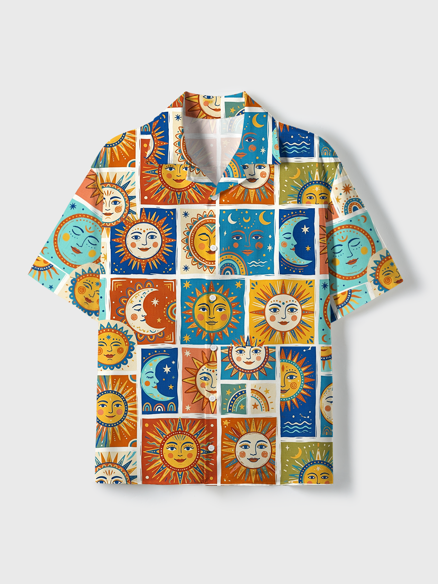 Sun colorful abstract sun and face motifs Unisex Hawaiian Beach Set Camp Collar Shirt And Shorts For Casual Summer Vacation