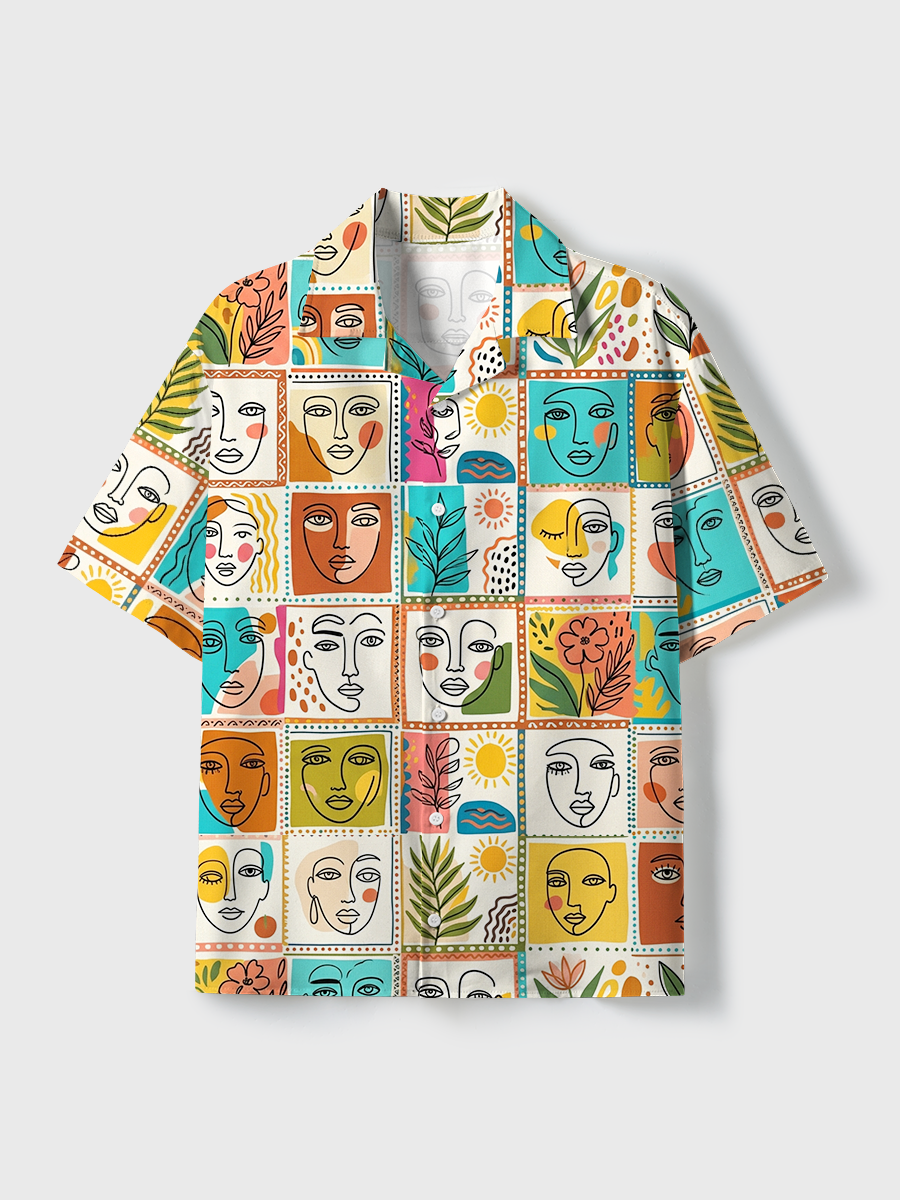 Abstract Sun And Moon Face Unisex Hawaiian Beach Set Camp Collar Shirt And Shorts For Casual Summer Vacation