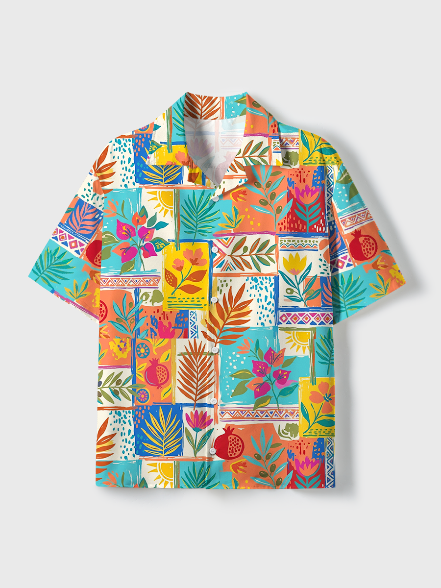 Abstract Botanical Elements Unisex Hawaiian Beach Set Camp Collar Shirt And Shorts For Casual Summer Vacation