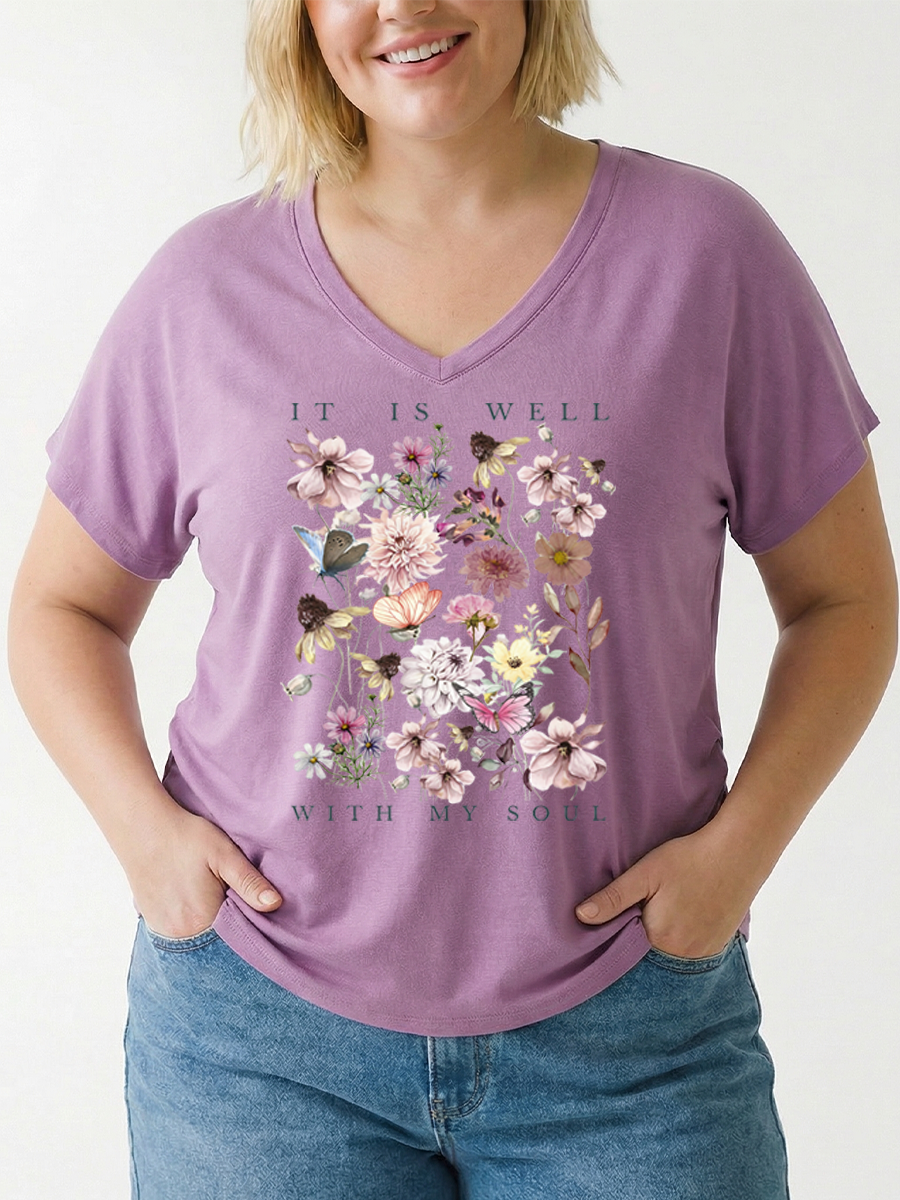 Vintage It Is Well With My Soul V-neck Modal Batwing Sleeve Graphic T-Shirt