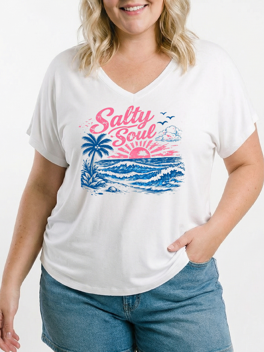 Vintage Salty Soul Summer V-neck Modal Batwing Sleeve Graphic T-Shirt