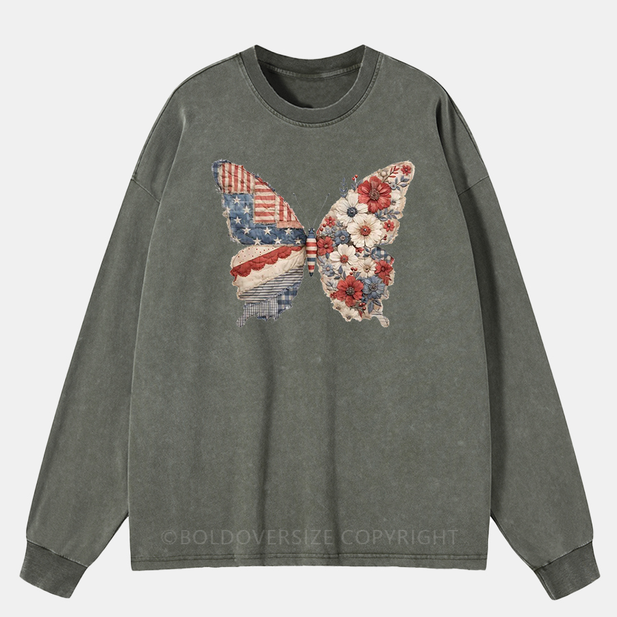 Vintage 4Th Of July Butterfly Washed Long Sleeve Shirt