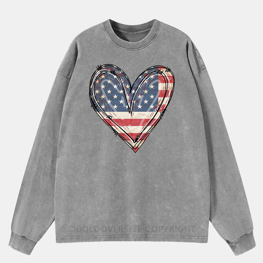 Vintage 4Th Of July American Flag Heart Washed Long Sleeve Shirt