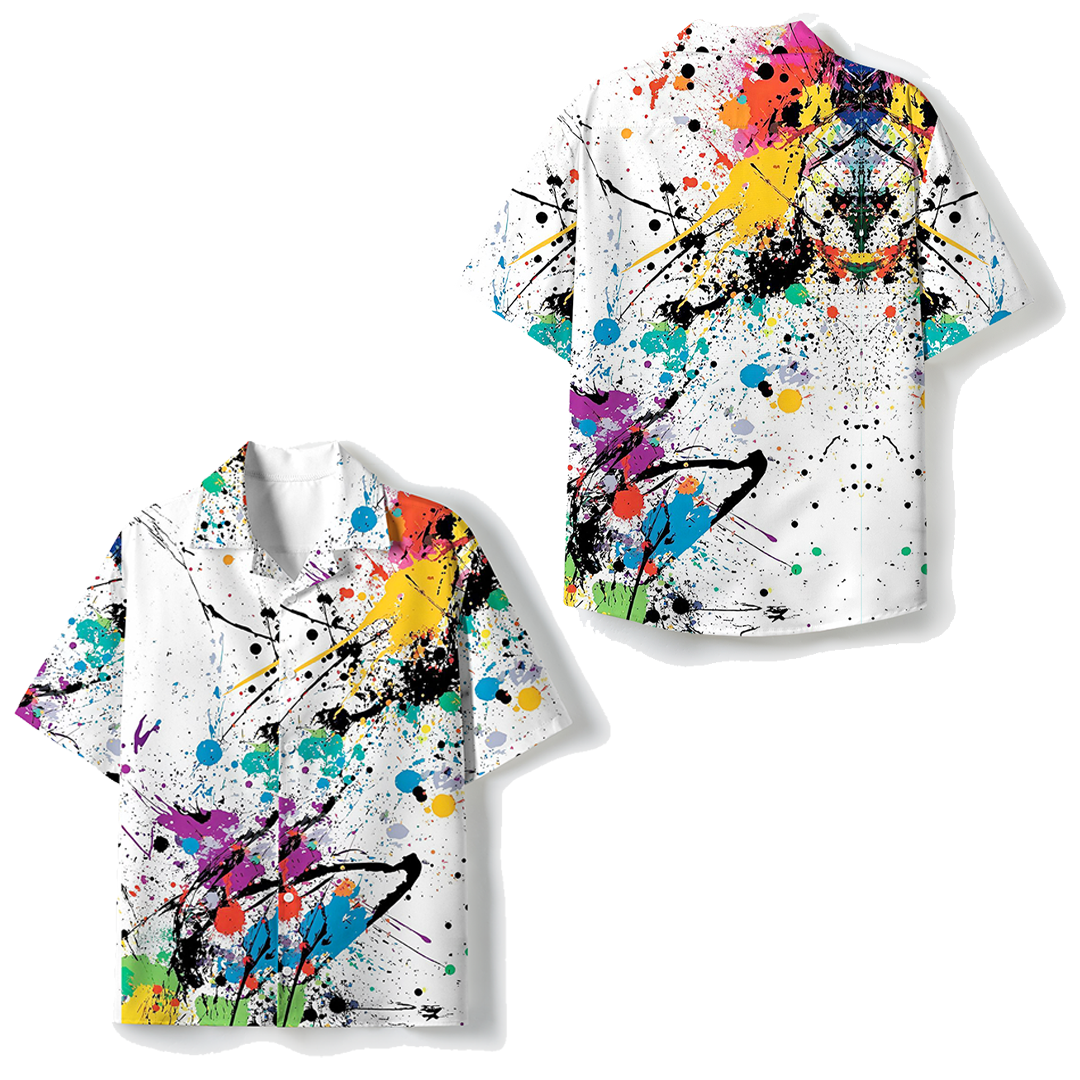 Splatter Paint Abstract Unisex Hawaiian Beach Set Camp Collar Shirt And Shorts For Casual Summer Vacation