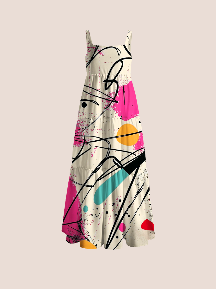 Colorful abstract doodle Adjustable Wide Straps Maxi Dress