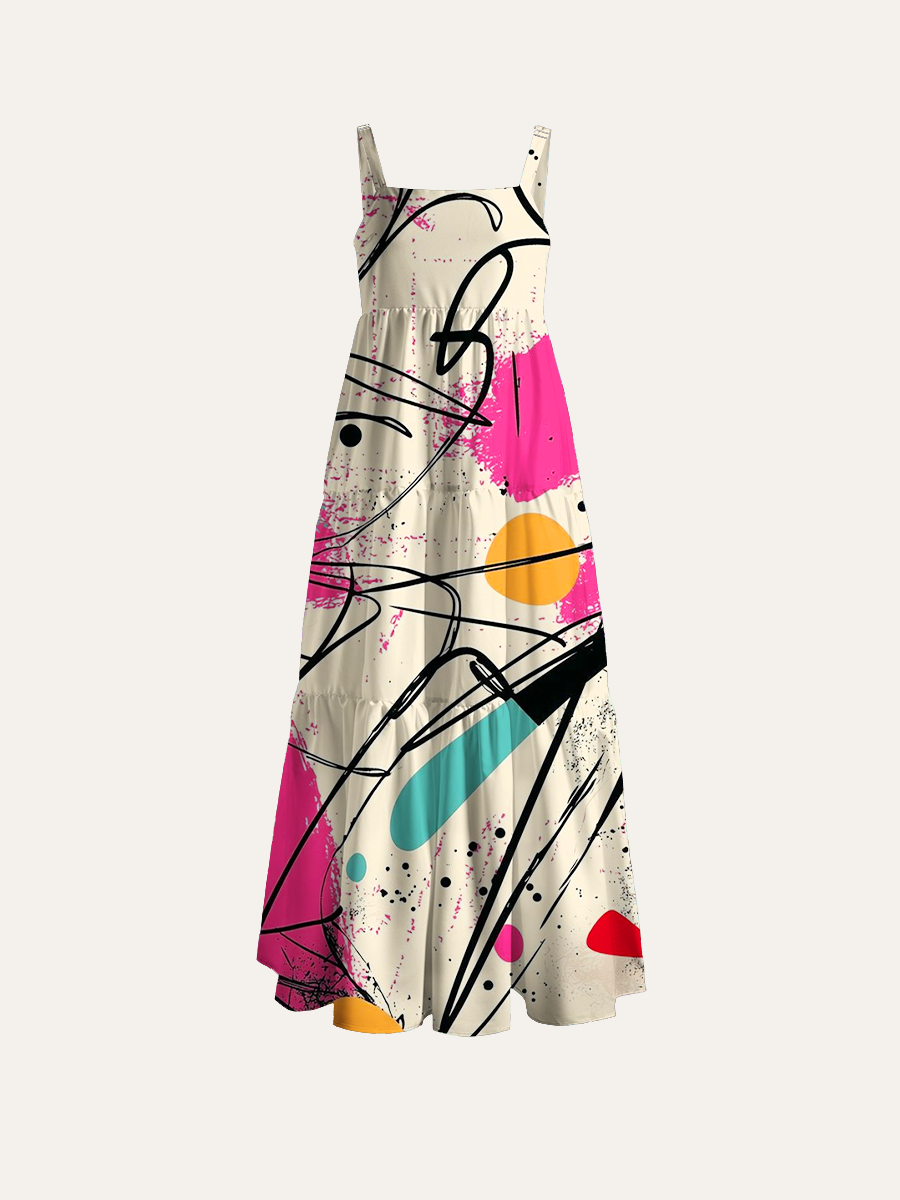 Colorful abstract doodle Adjustable Wide Straps Maxi Dress