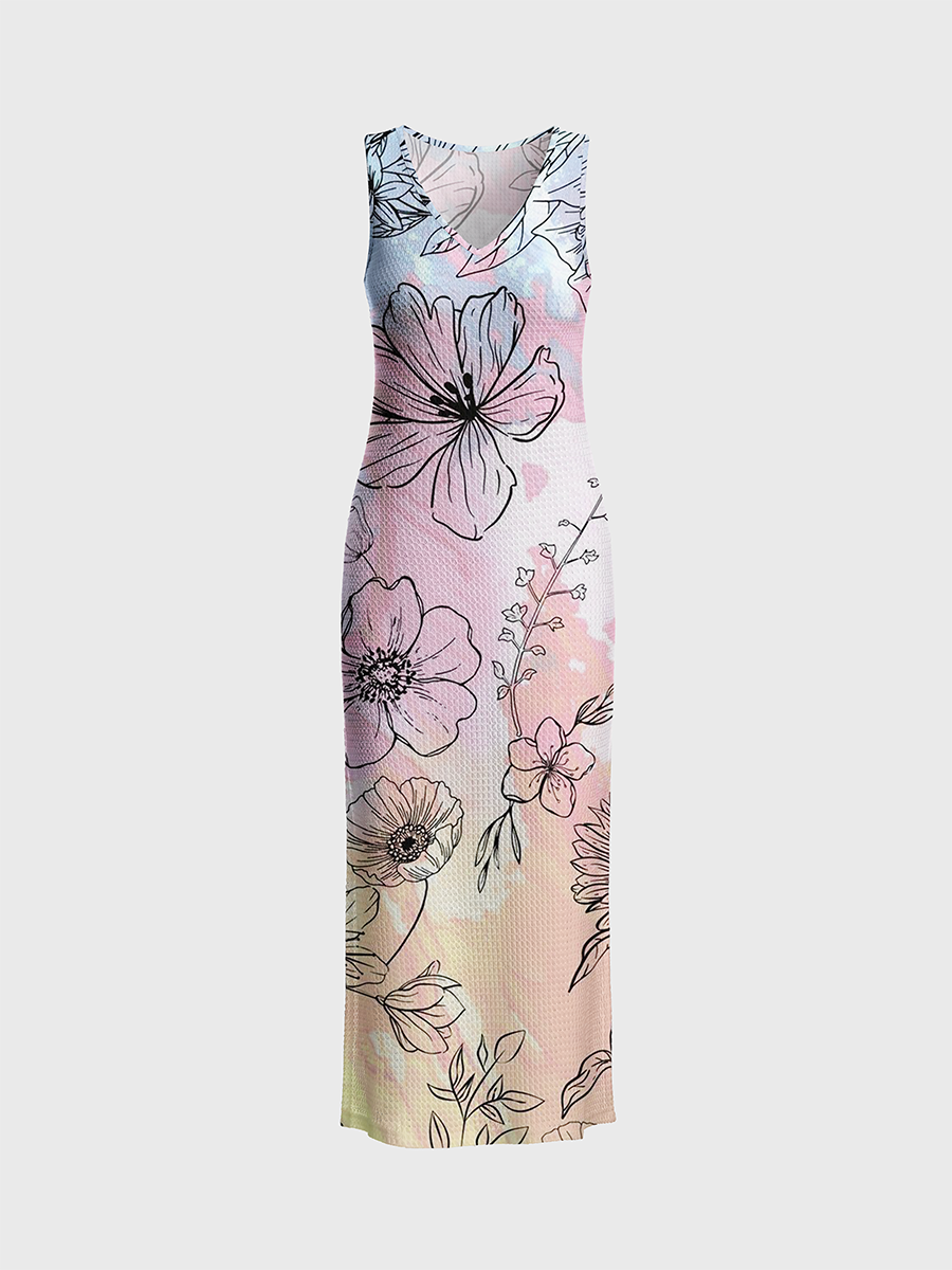 Watercolor Botanical Linework Pattern Open Stitch Midi Dress