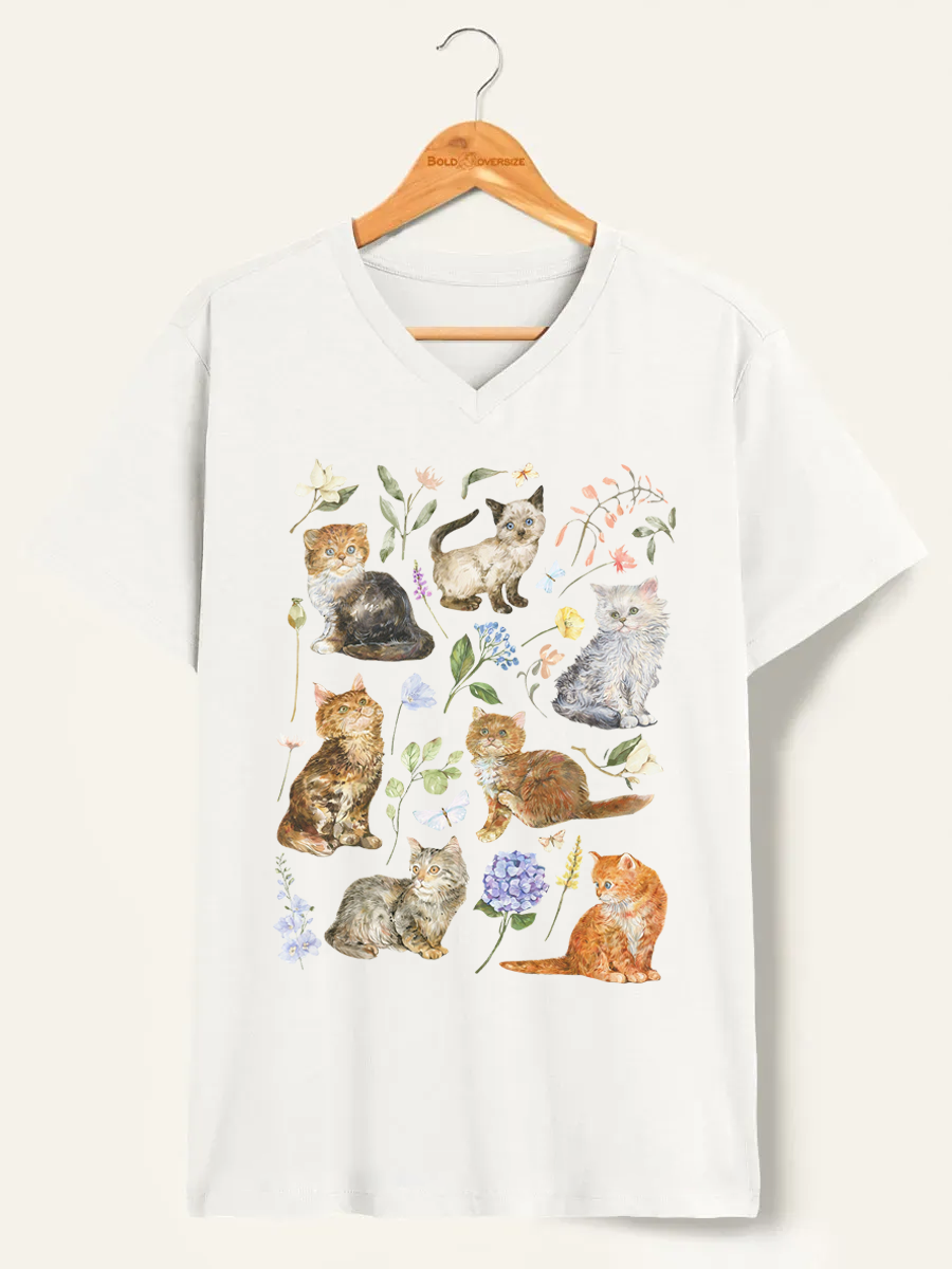 Vintage Cottagecore Cats V-Neck Tee