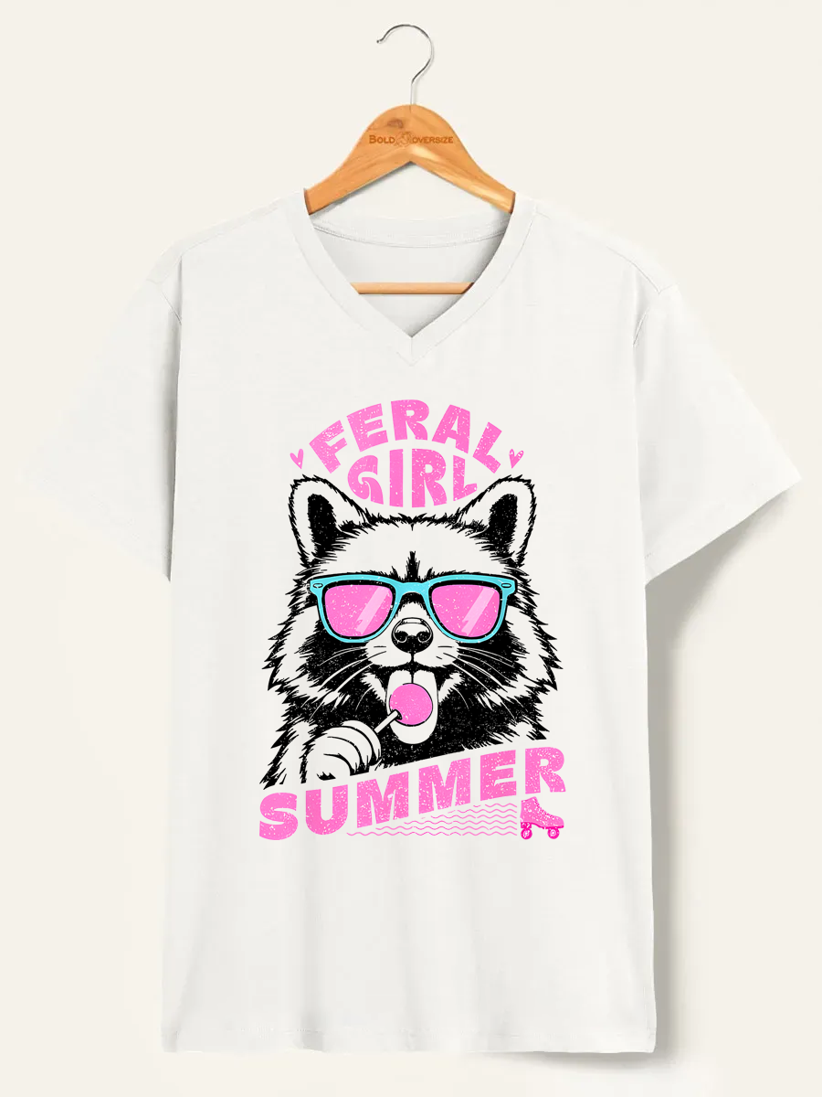 Vintage Feral Girl Summer Raccoon V-Neck Tee