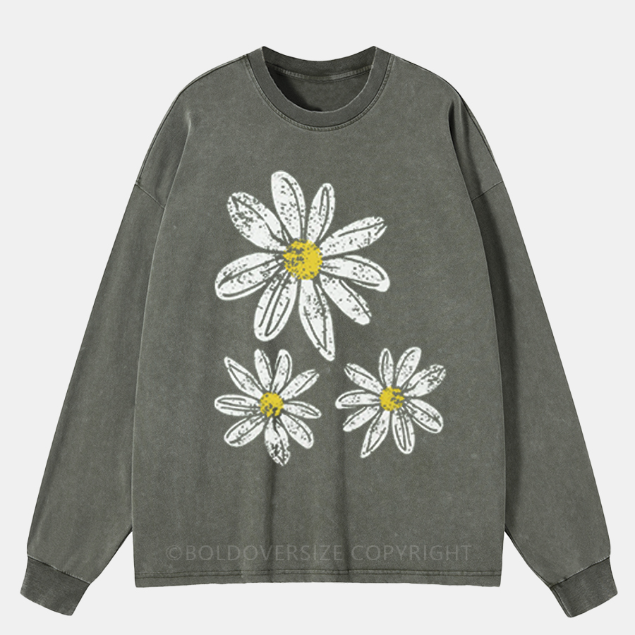 Vintage Boho Floral Daisy Washed Long Sleeve Shirt