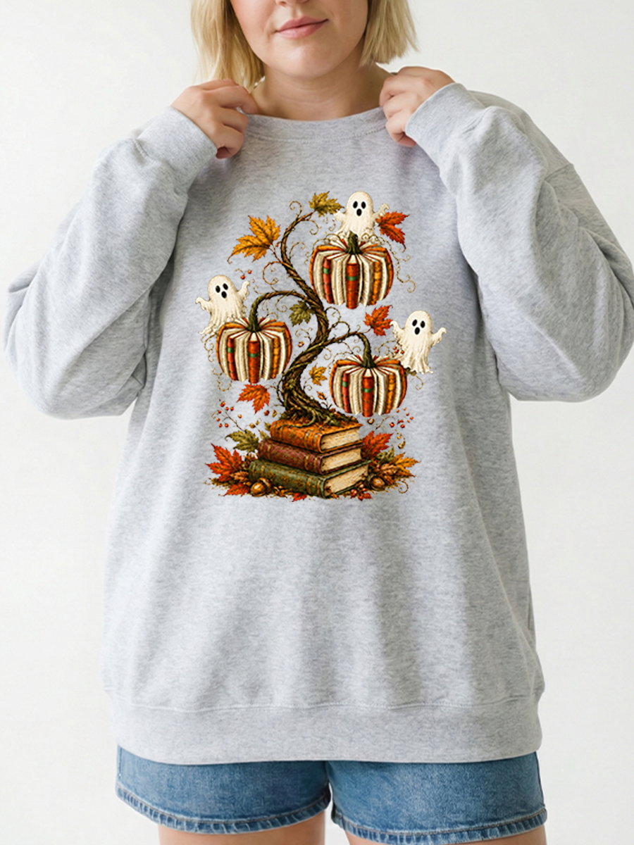 Vintage Ghost Reading Book Pumpkin Tree Graphic Sweatshirt