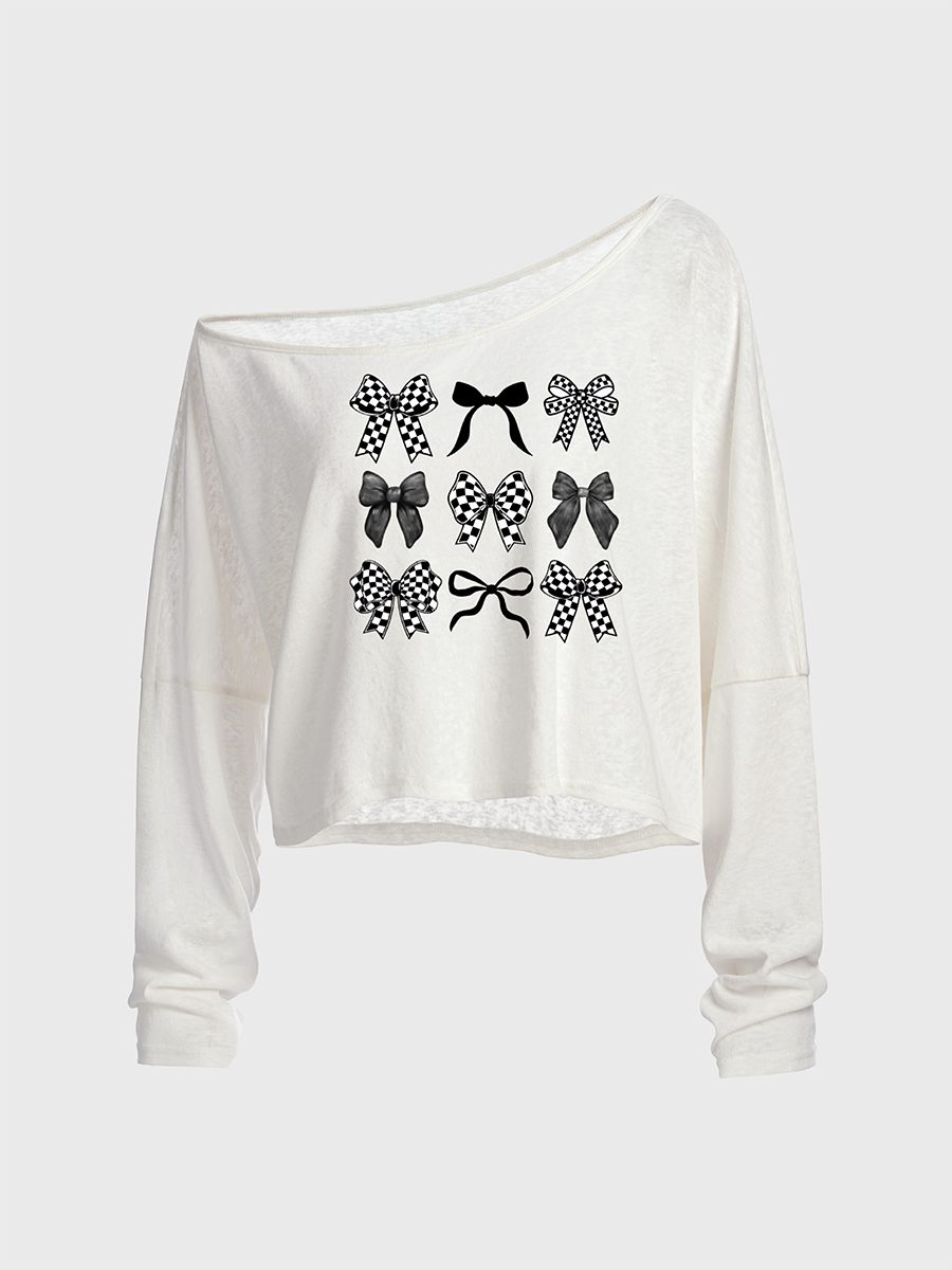 Checkered Bow Off The Shoulder Sweatshirt