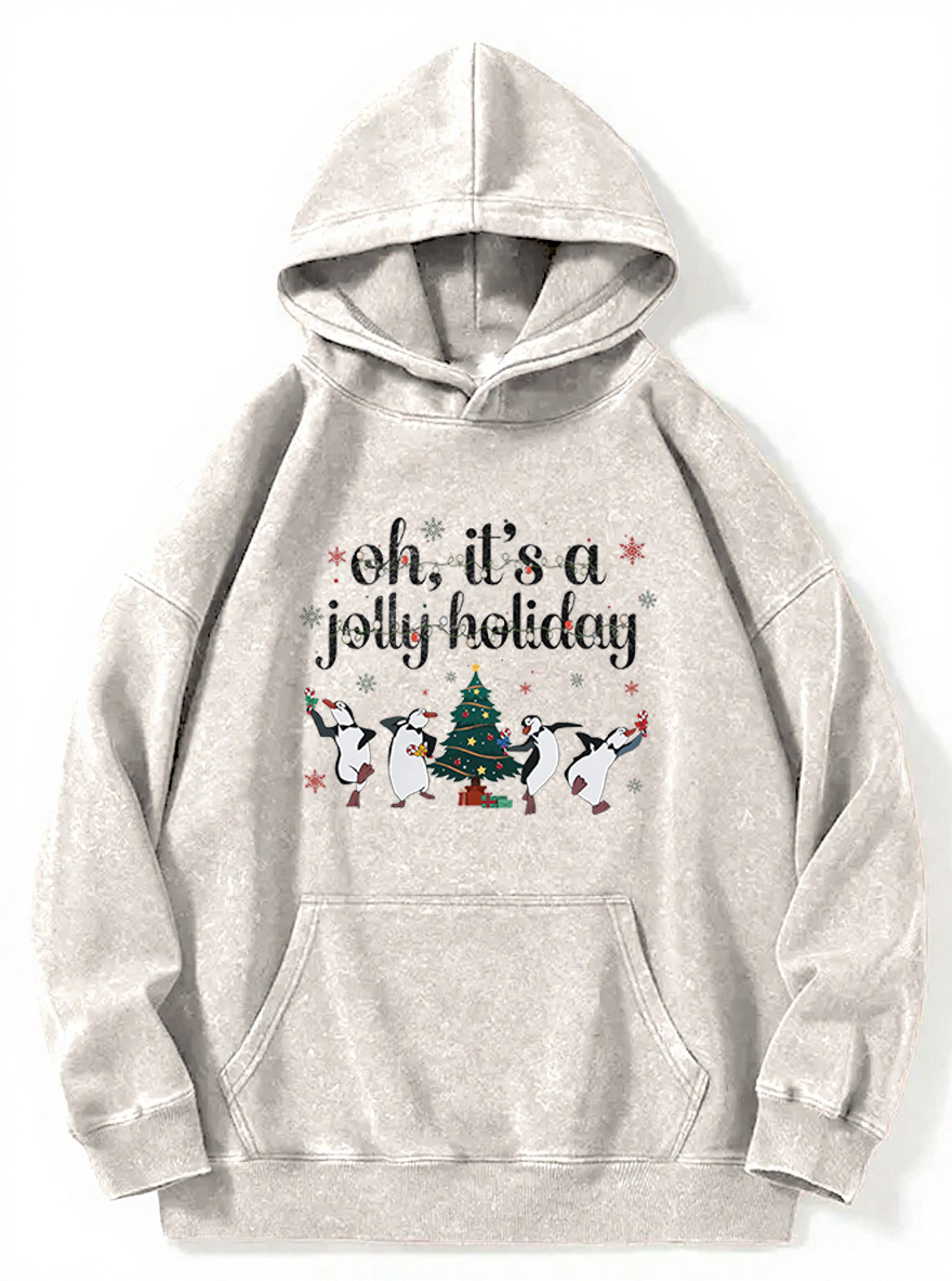 Vintage Oh It'S A Jolly Holiday Santa Penguins Christmas Light Washed Hoodie