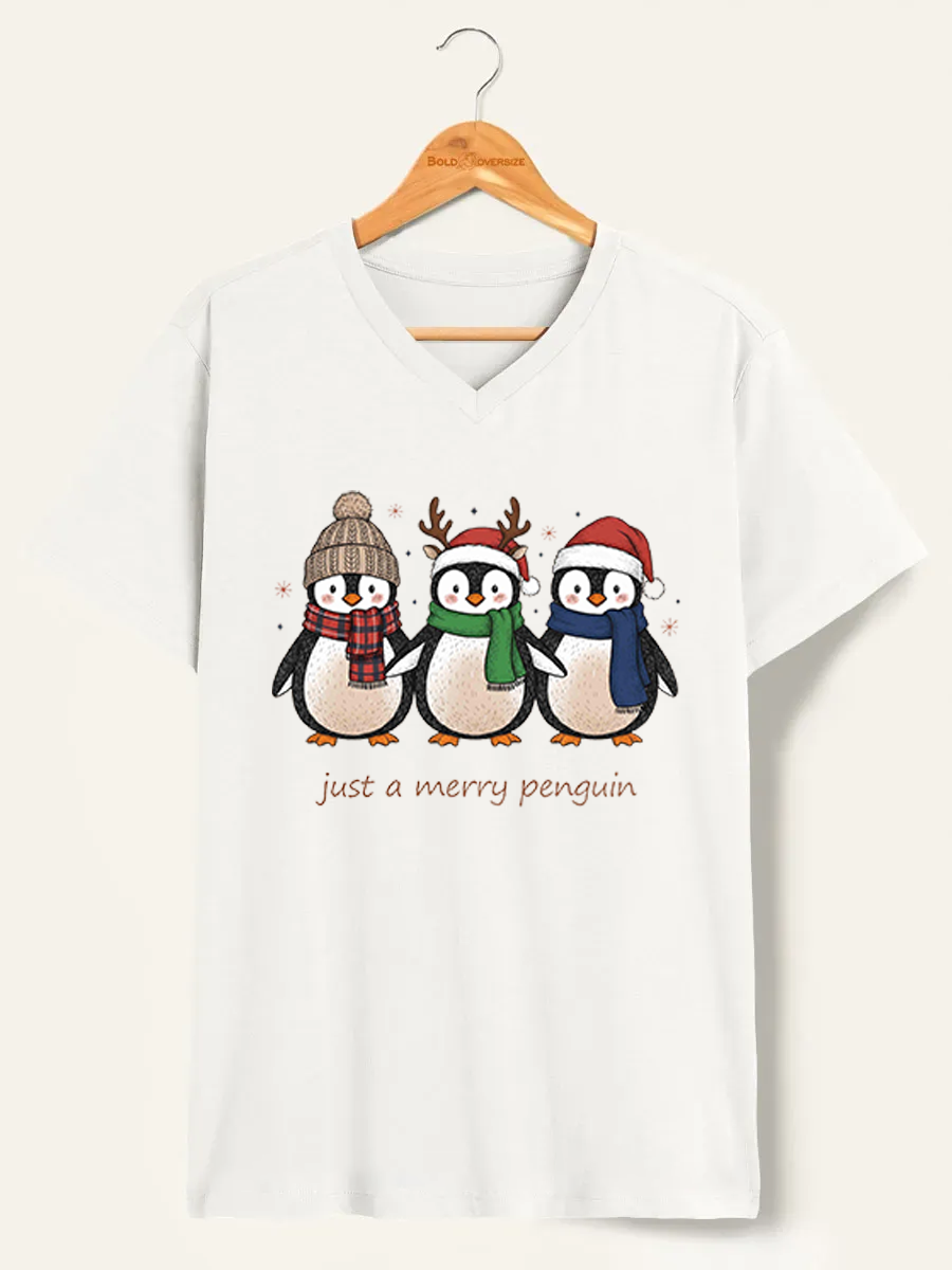 Vintage Just A Merry Penguin V-Neck Tee