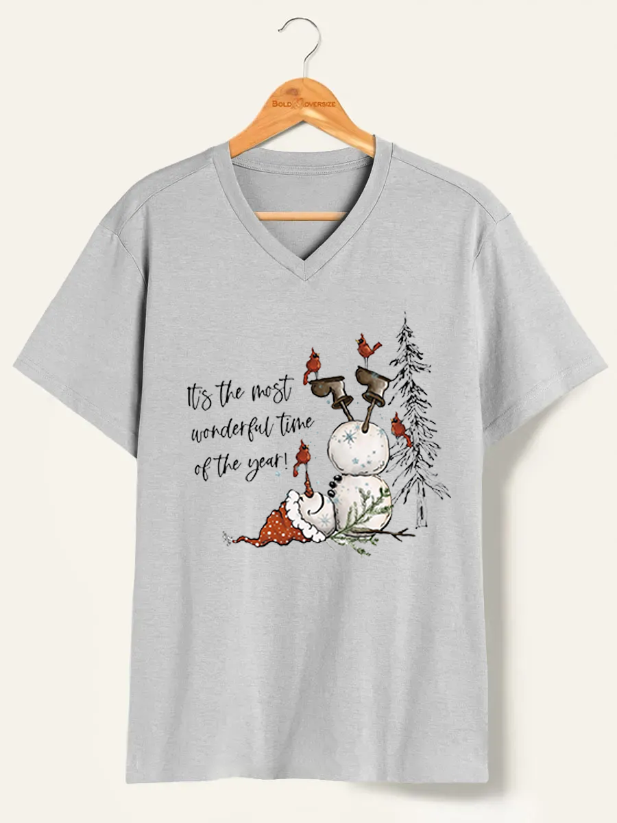 Vintage It'S The Most Wonderful Time Of The Year Cute Snowman V-Neck Tee
