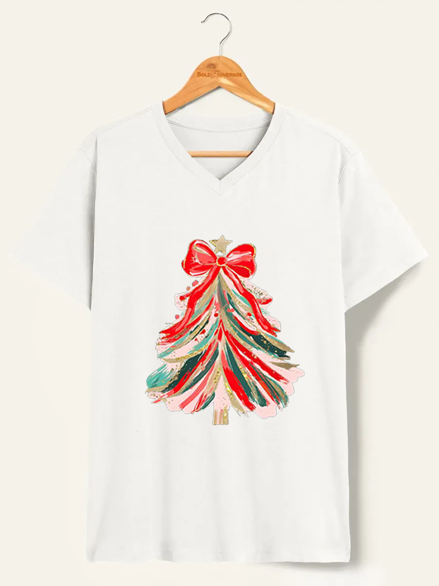 Vintage Red Bow Christmas Tree V-Neck Tee