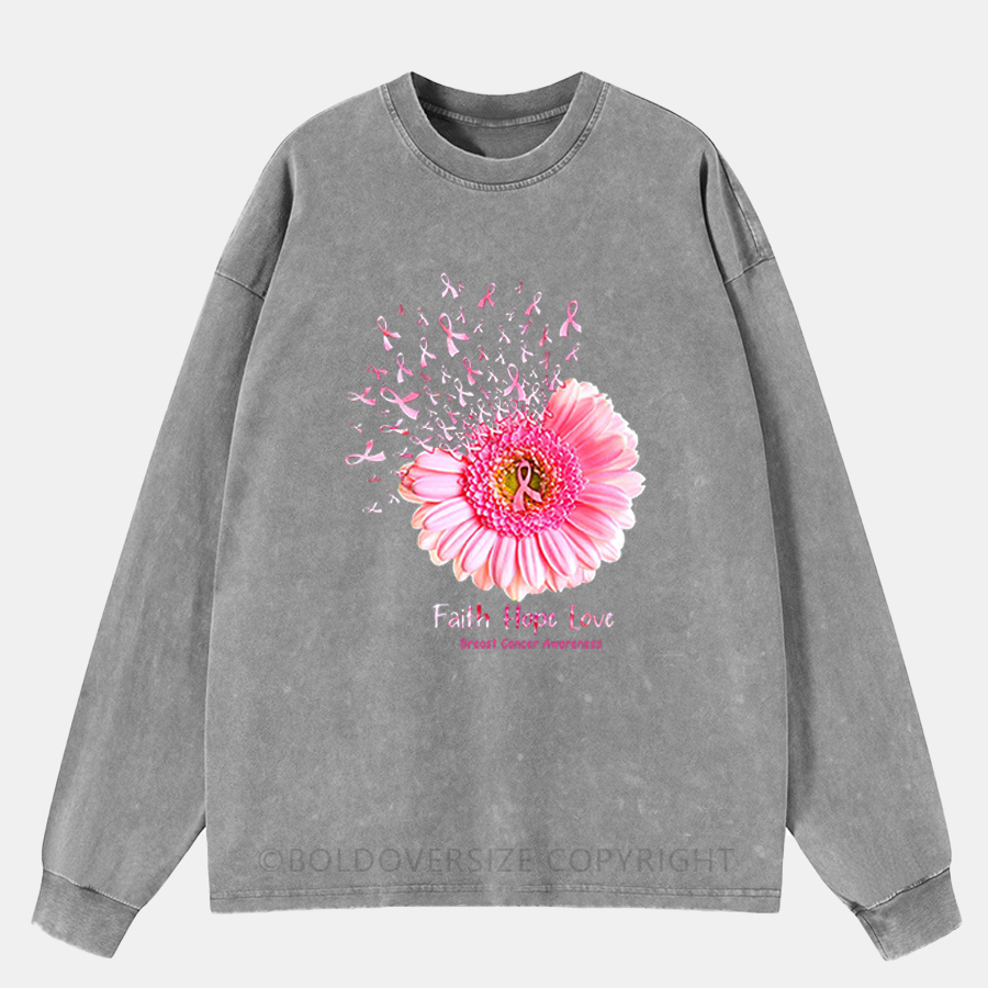 Vintage Faith Hope Love Breast Cancer Awareness Washed Long Sleeve Shirt