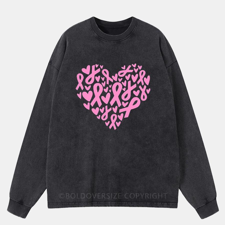 Vintage Pink Ribbon Heart Washed Long Sleeve Shirt