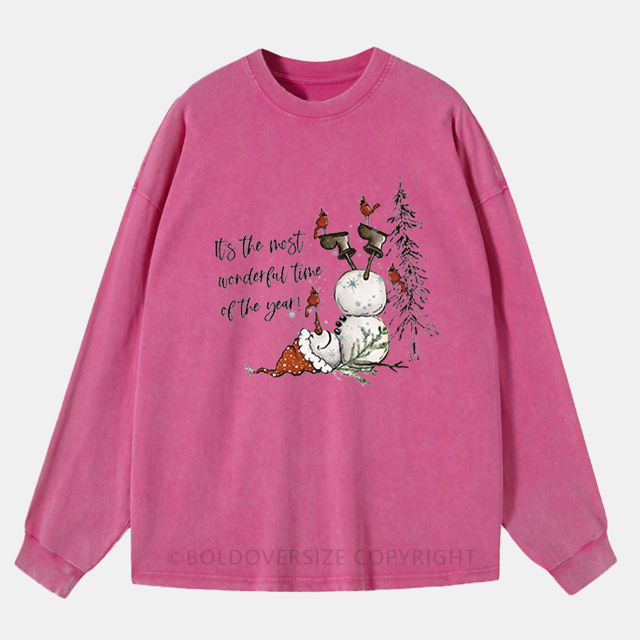 Vintage It'S The Most Wonderful Time Of The Year Cute Snowman Washed Long Sleeve Shirt