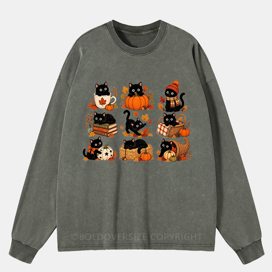 Vintage Fall Cat Washed Long Sleeve Shirt