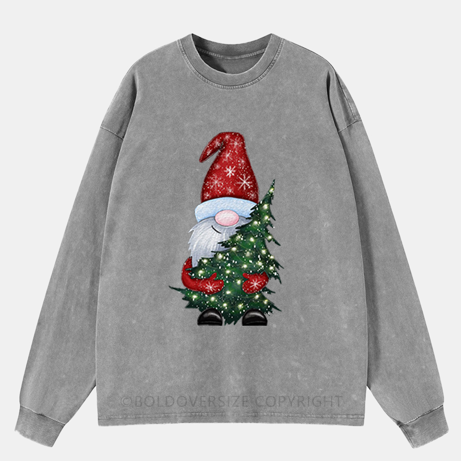 Vintage Chritmas Gnome With Tree Washed Long Sleeve Shirt