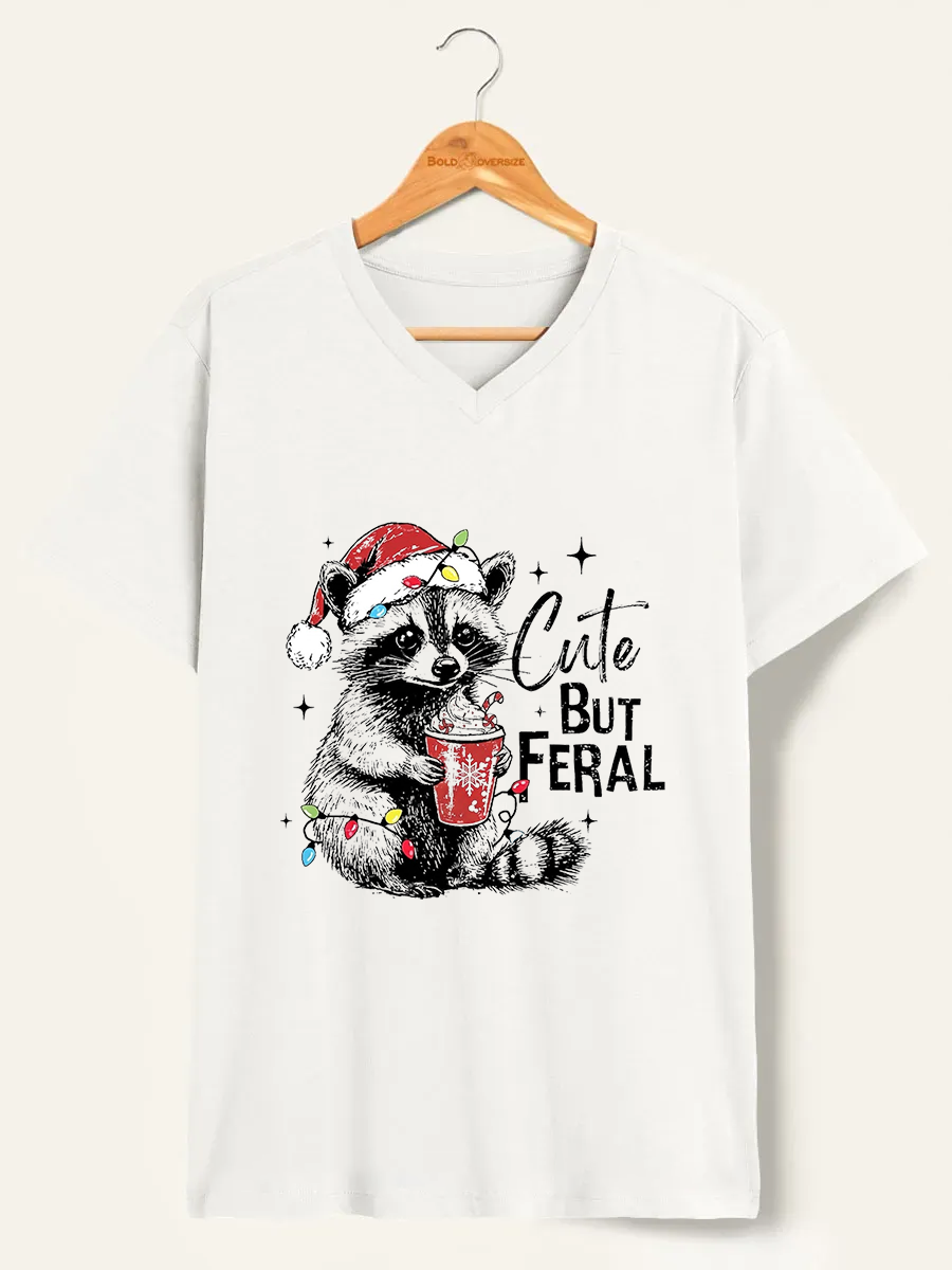 Vintage Cute But Feral Christmas Racoon V-Neck Tee