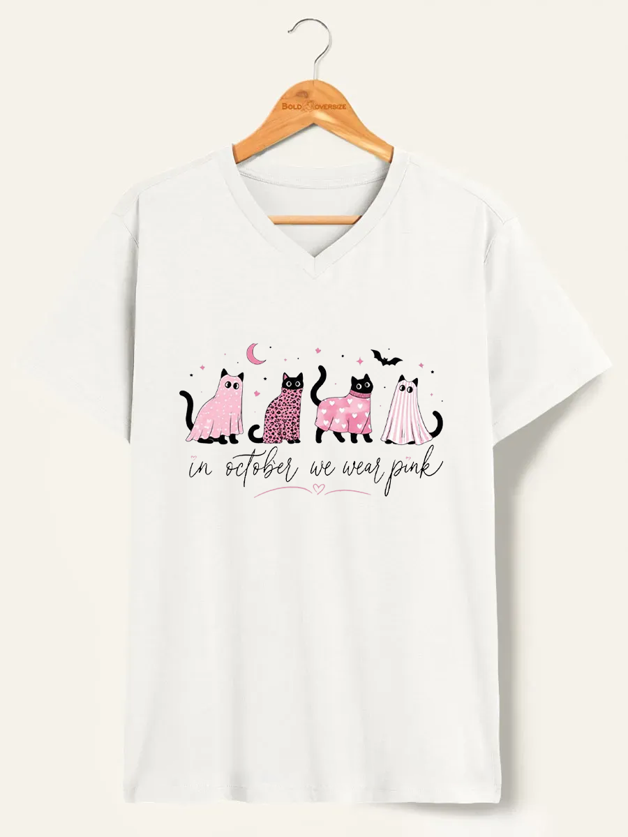 Vintage In October We Wear Pink Cats V-Neck Tee