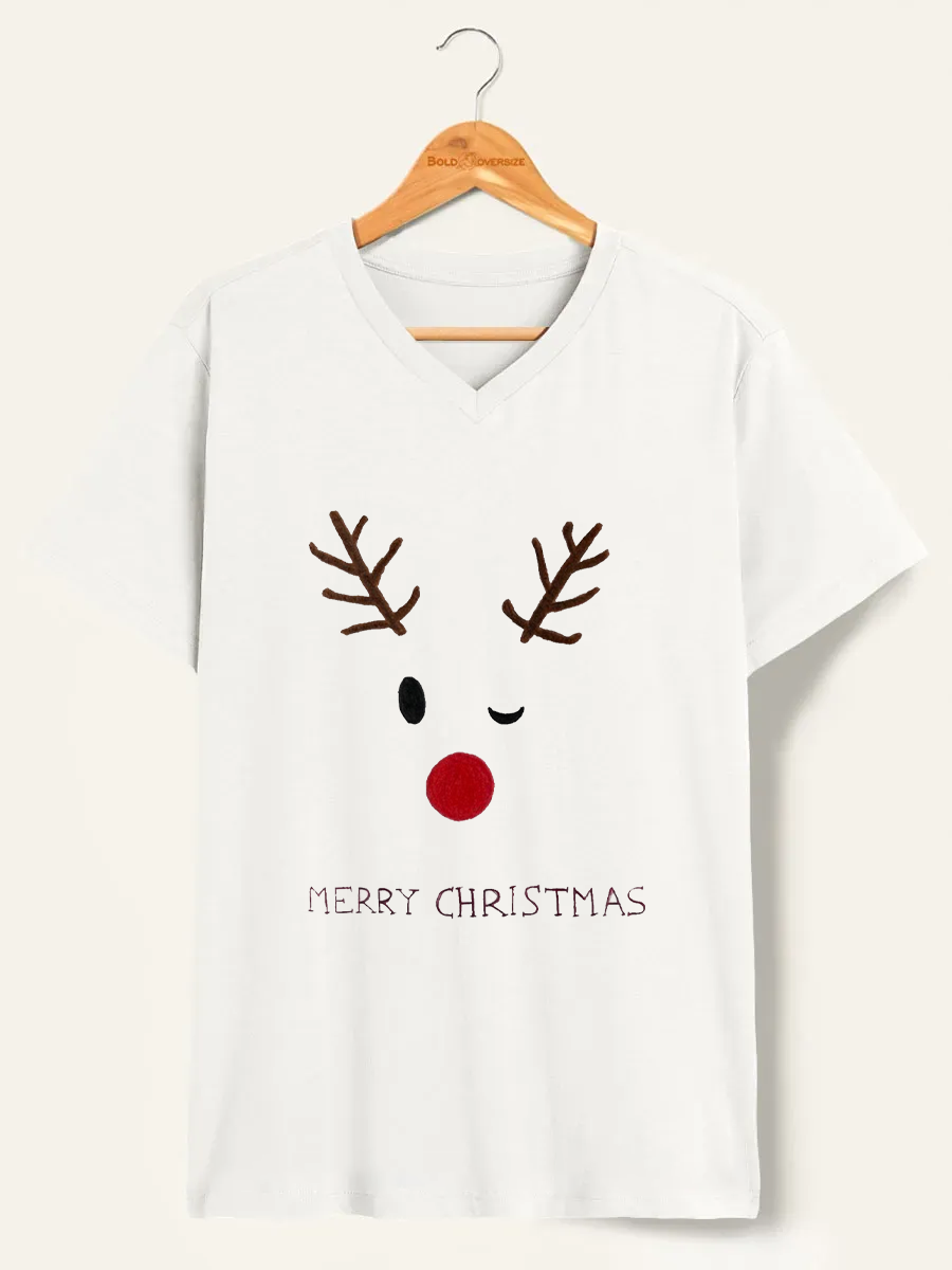 Vintage Merry Christmas Cute Deer V-Neck Tee