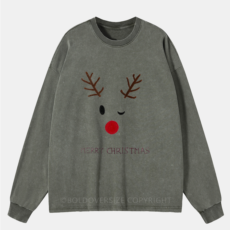 Vintage Merry Christmas Cute Deer Washed Long Sleeve Shirt