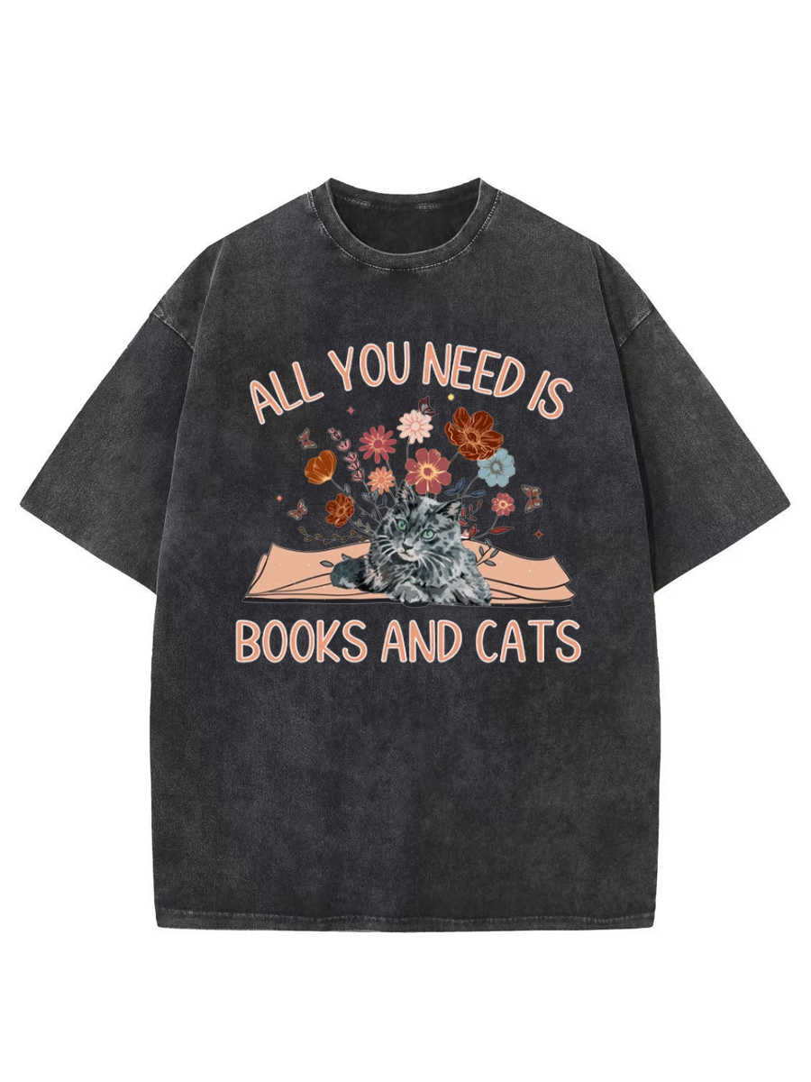 Vintage All You Need Is Books And Cats Washed T-Shirt