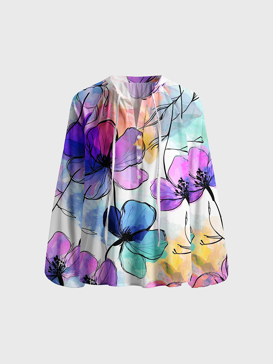 Pastel Watercolor Floral Heart Neck Tie Blouse
