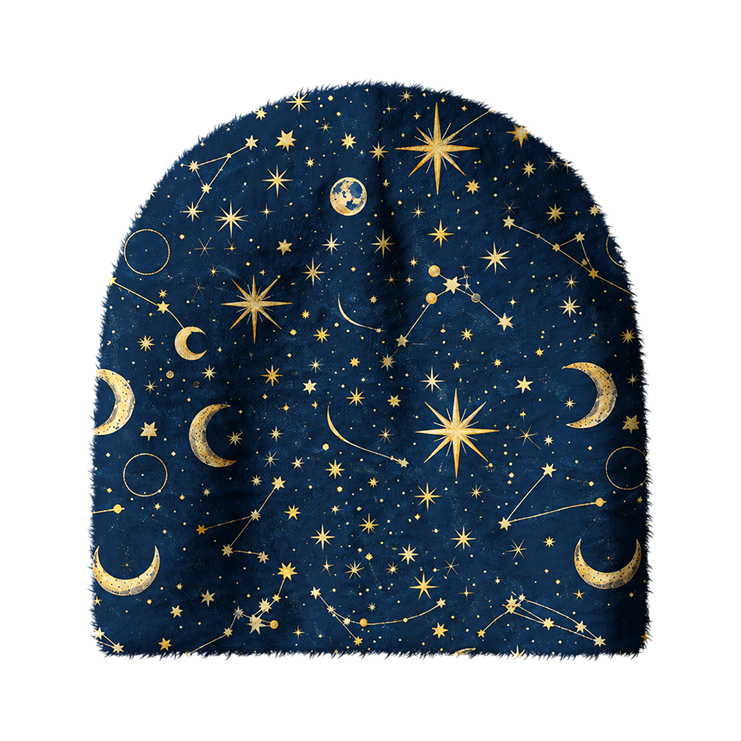 Golden Star Moon Constellation Cozy Fuzzy Beanie
