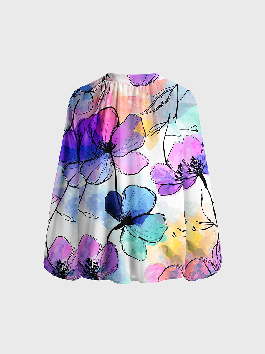 Pastel Watercolor Floral Heart Neck Tie Blouse