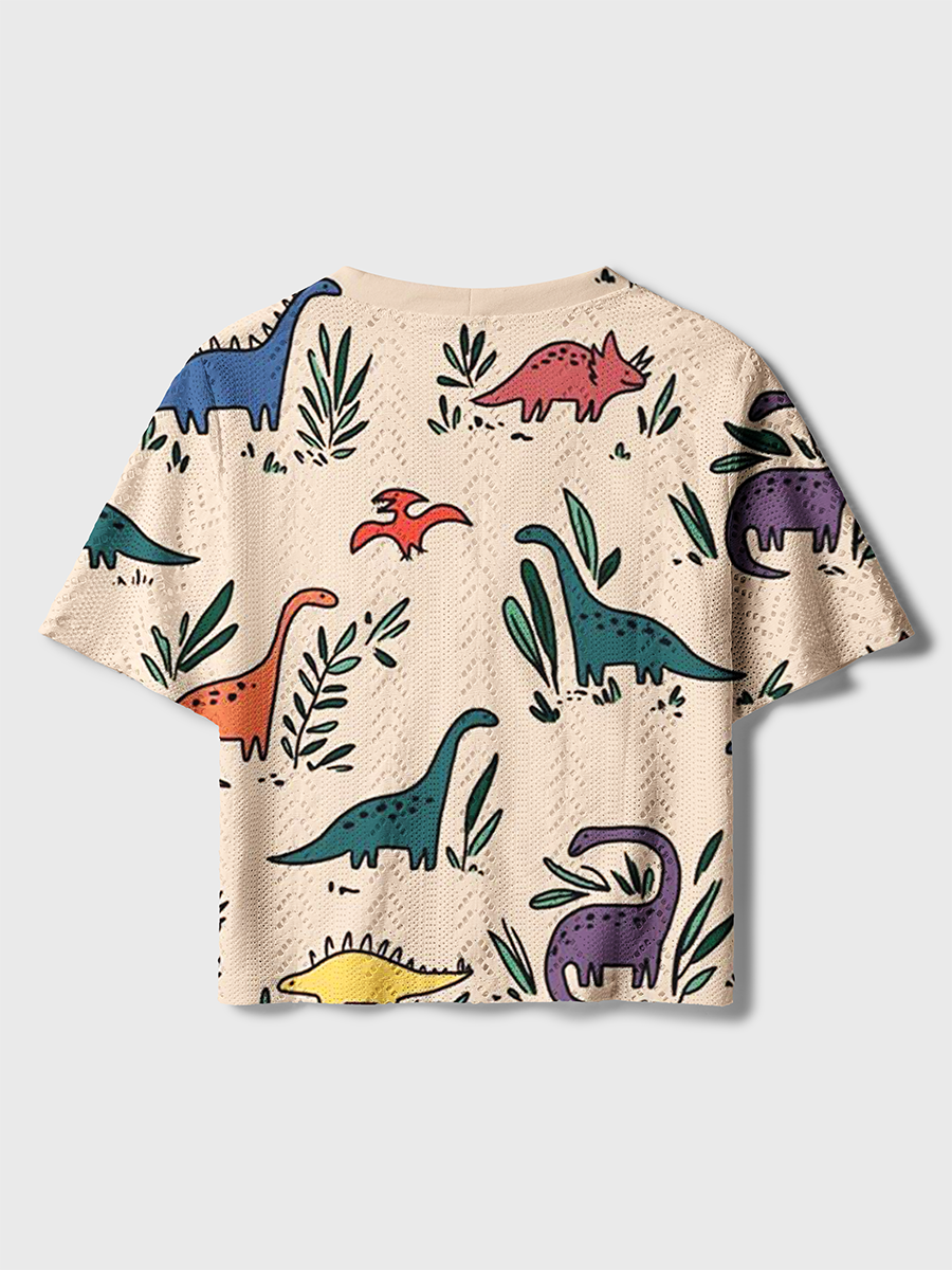 Cartoon Dino & Plants Crochet Button Down Cardigan