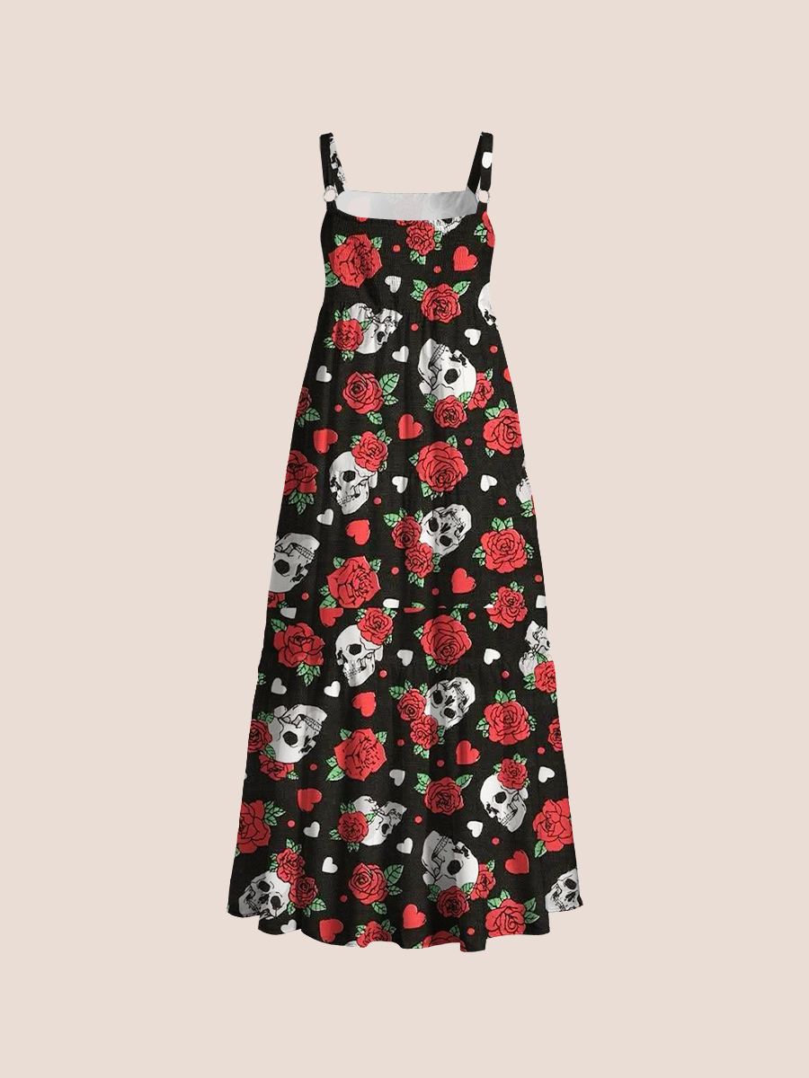 Gothic Skull And Rose Adjustable Wide Straps Maxi Dress