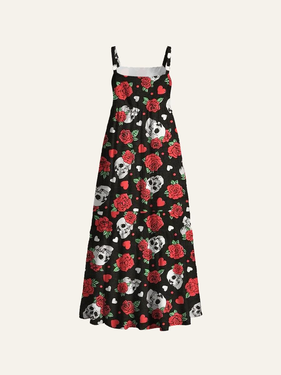 Gothic Skull And Rose Adjustable Wide Straps Maxi Dress