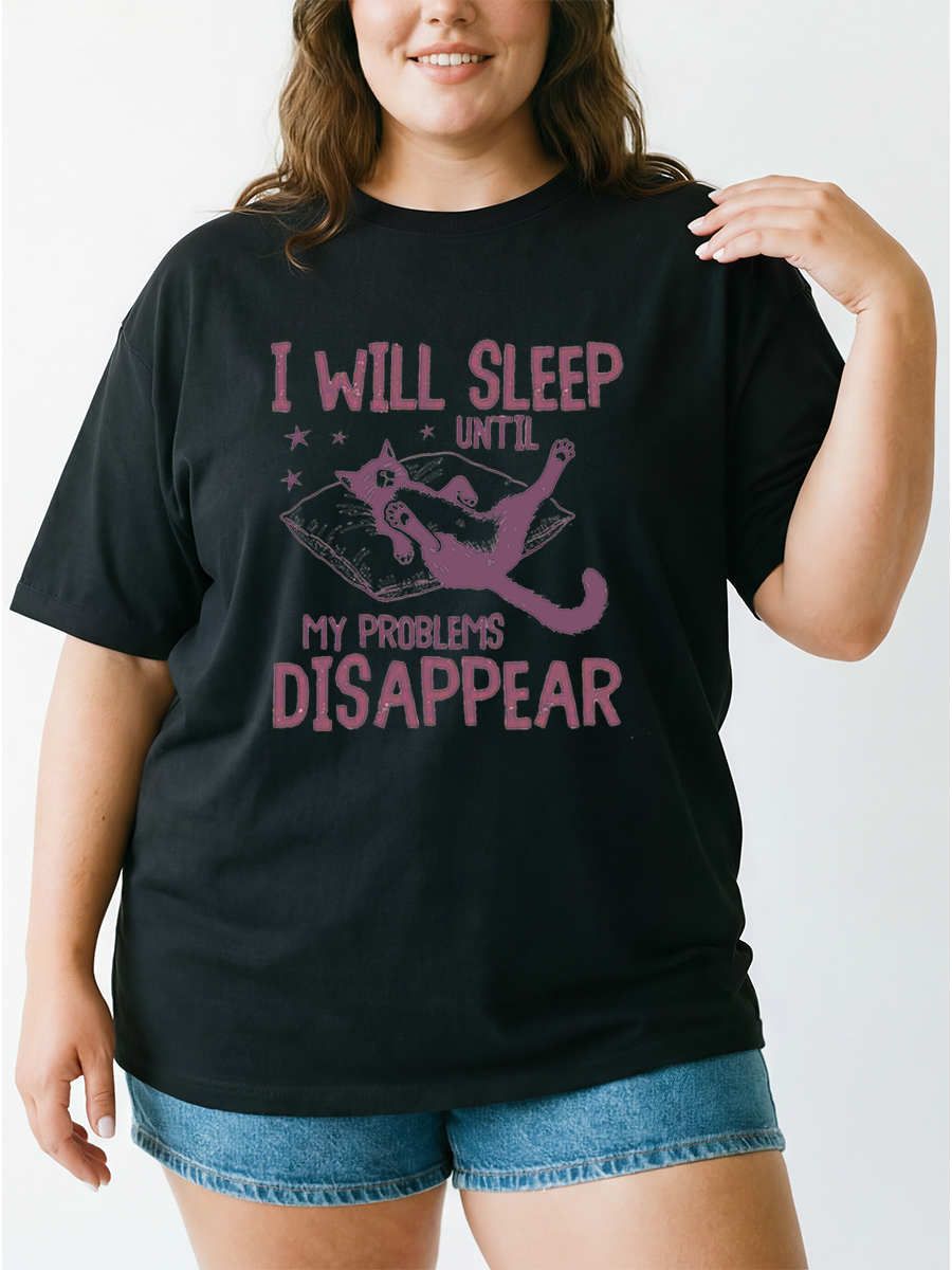Vintage I Will Sleep Until My Problems Disappear Cat Oversize Graphic Tee
