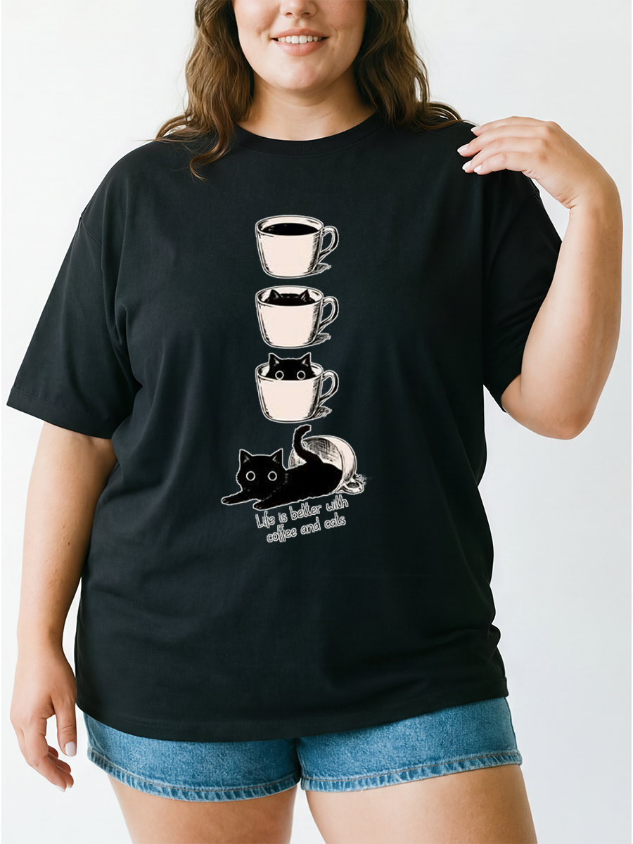Vintage Life Is Better With Coffee And Cats Oversize Graphic Tee
