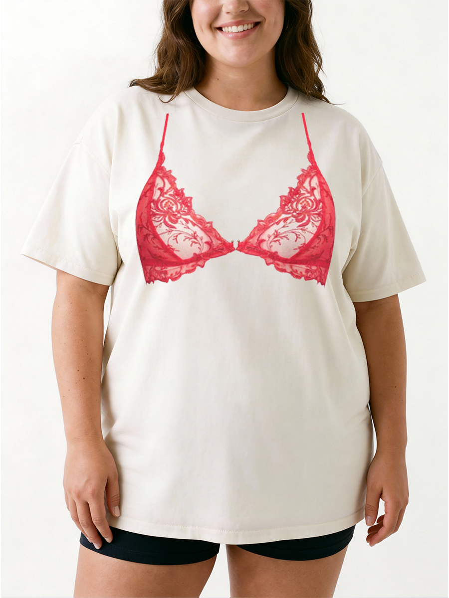 Vintage Red Lace Bralette Oversize Graphic Tee