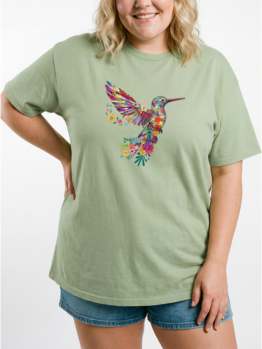 Vintage Floral Hummingbird Oversize Graphic Tee