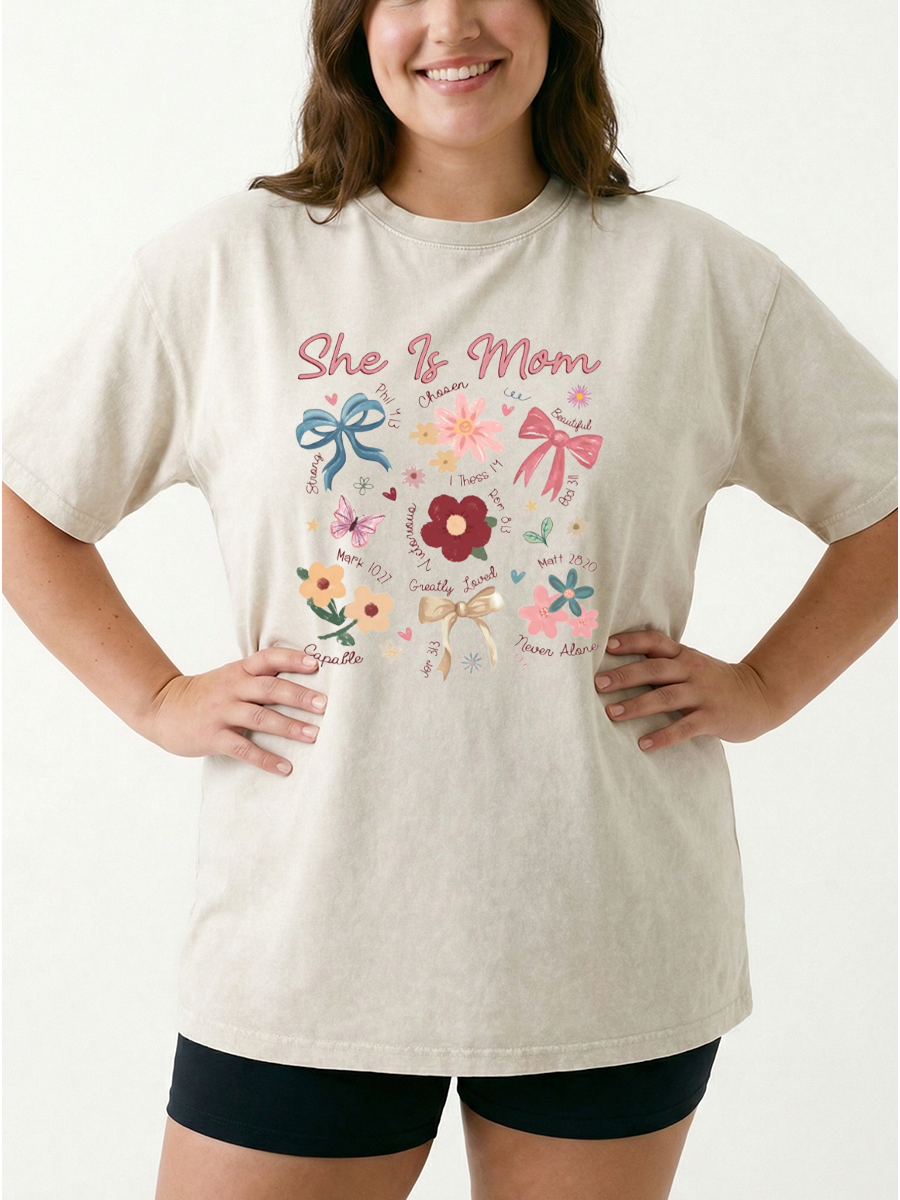 Vintage She Is Mom Bows And Flowers Washed T-Shirt