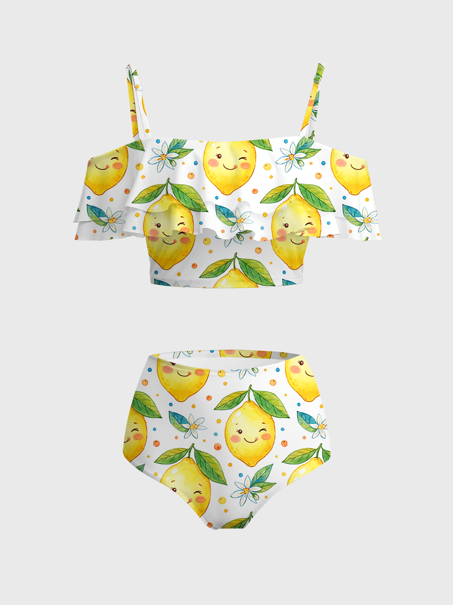 Vintage Cute Smiling Lemons Two Piece Ruffled Tankini Swimsuit