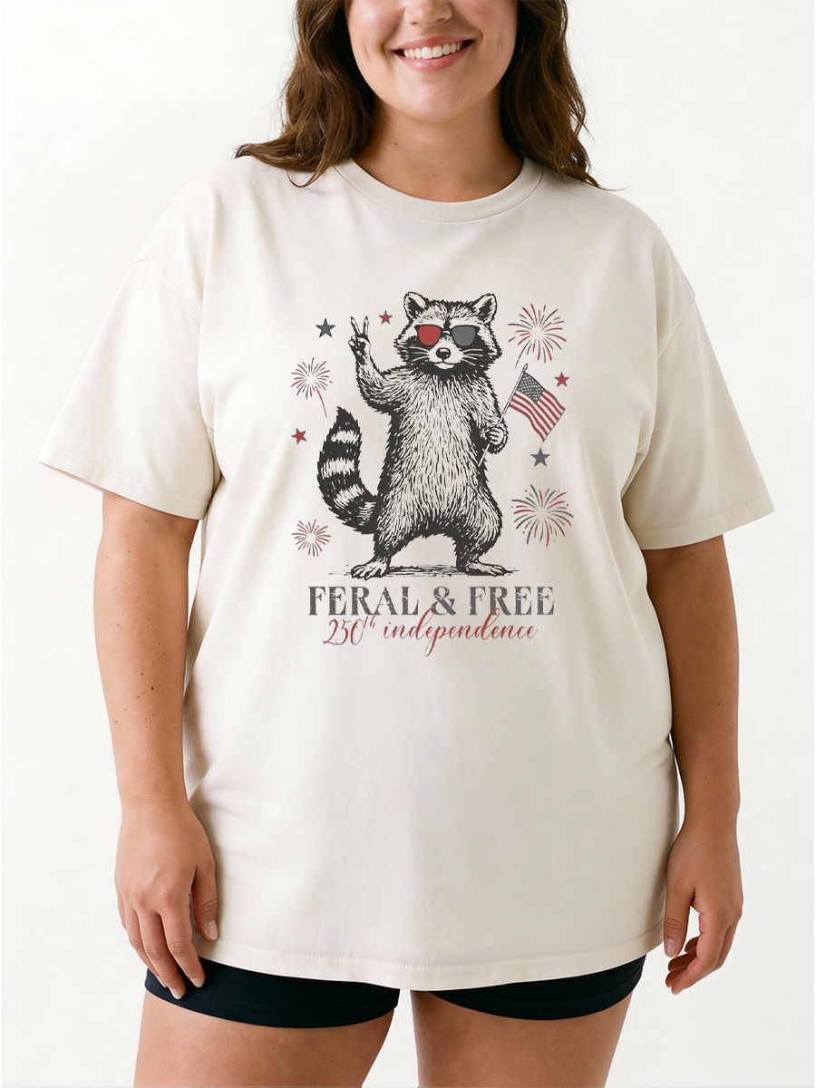 Vintage America 250Th Anniversary Feral But Free Patriotic Raccoon Oversize Graphic Tee
