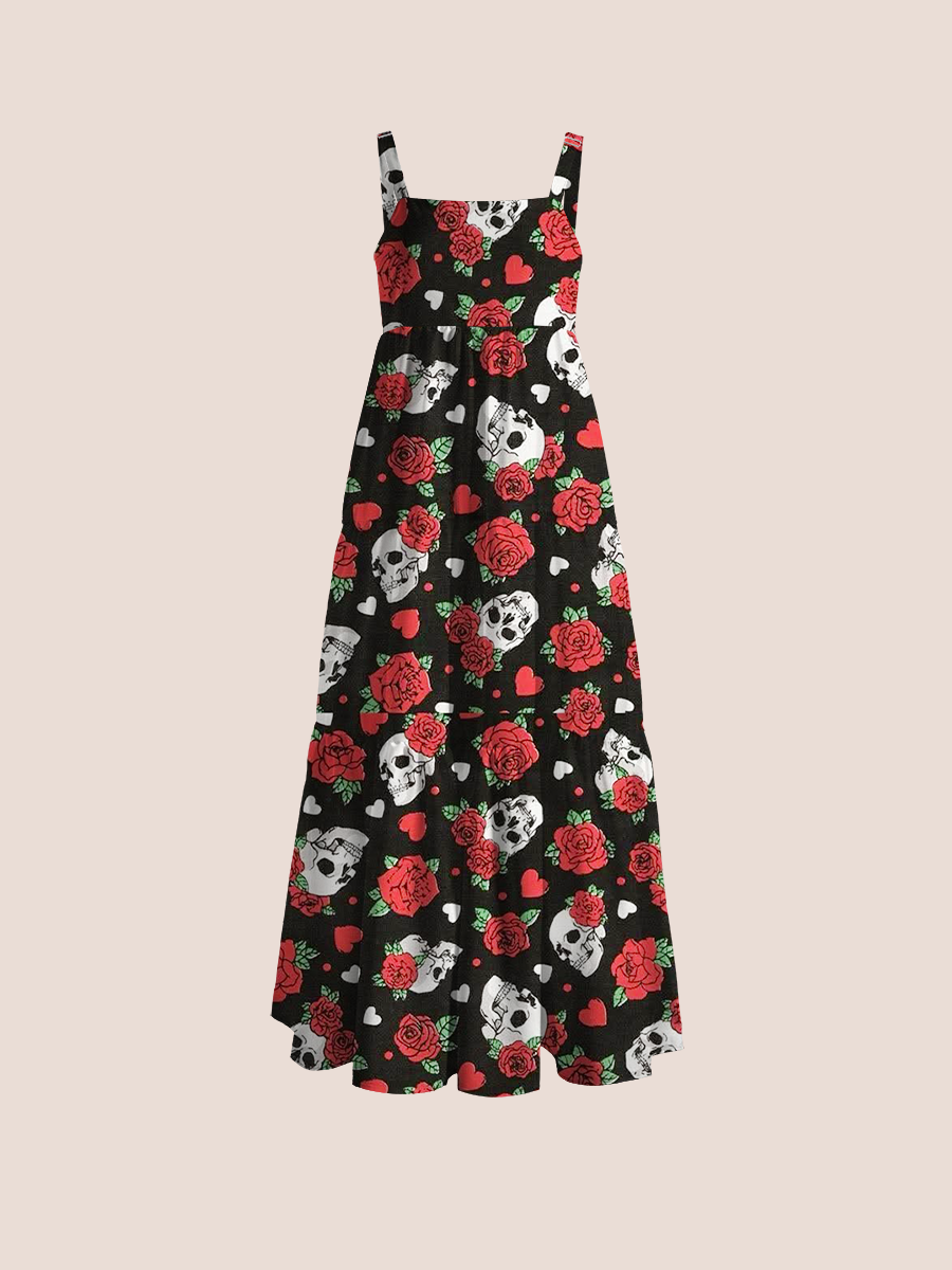 Gothic Skull And Rose Adjustable Wide Straps Maxi Dress